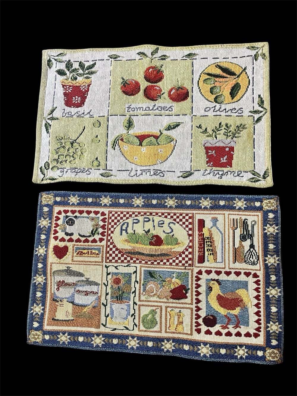 Pair of Woven Placemats Vintage Cottagecore Tapesty Rooster Vegetable Kitchen